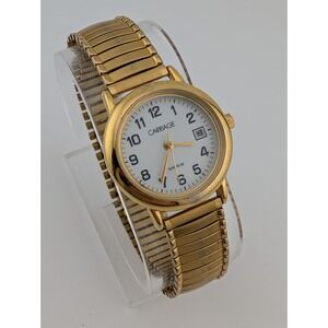 Carriage Timex Watch Women 28mm Case Gold Stretch Band Date- New Battery